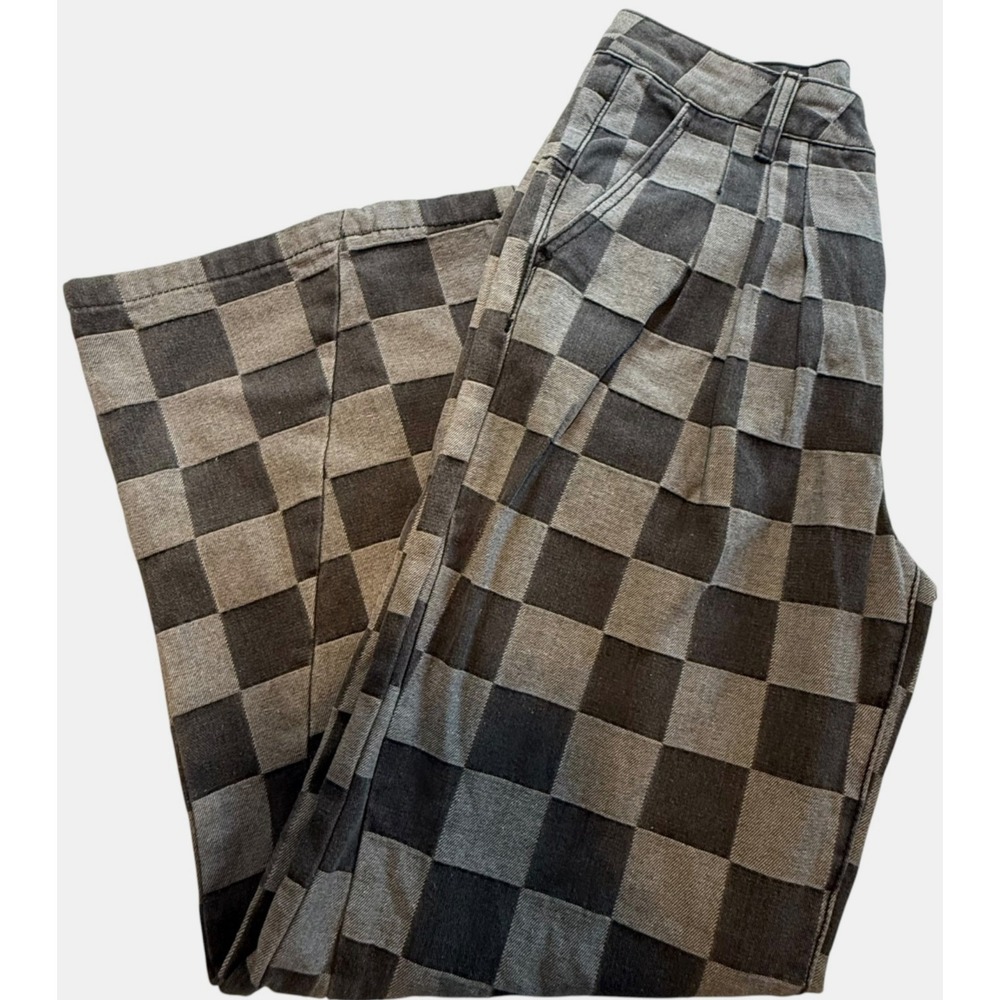 Checkered Wide Leg Woman's Size 4 Grey Black High Rise Pleated Front Denim Jeans